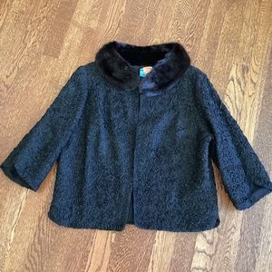 Vintage 60s Black Ribbon 3/4 Sleeve Short Jacket with Mink Fur Collar Glamorous